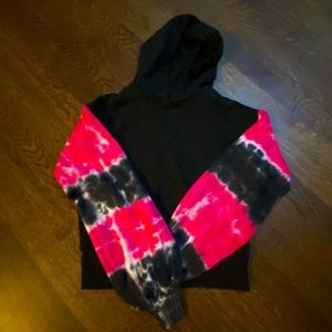 Central Park West Kids Black Hoodie with Tie Dye Pink sleeves. Kids Large 8/10